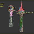Cartoon Scenery Featuring Stone Towers With Green Dome Spire Vines And Rope Bridge