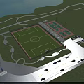 Outdoor Sports Facility With Football Field Tennis Courts Parking Lot And Green Area Near Water