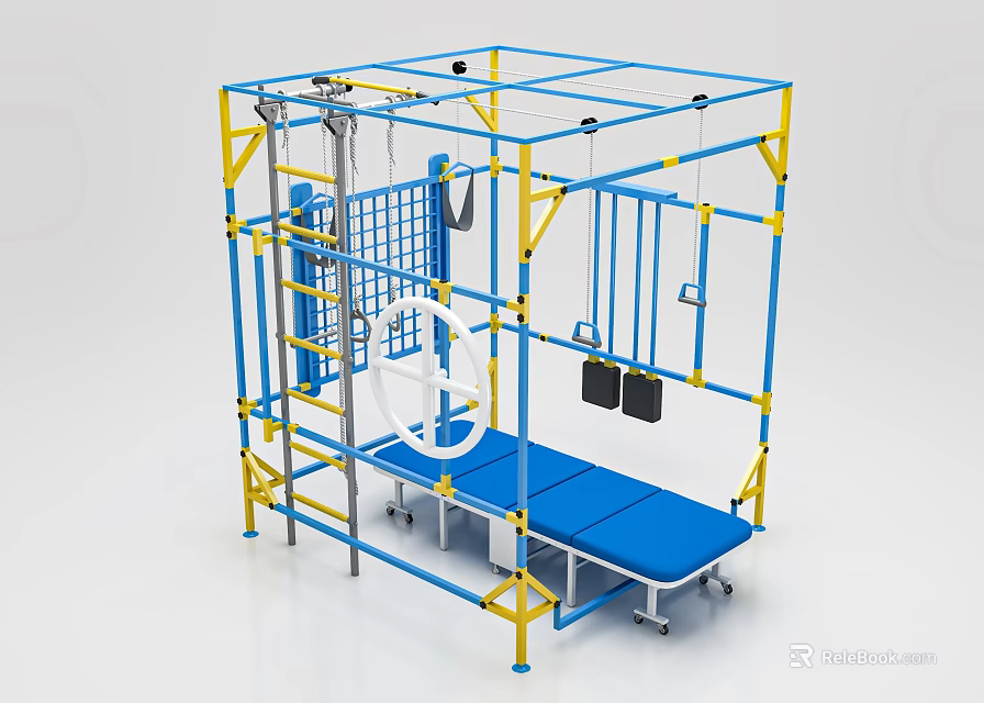 Multi Functional Medical Rehabilitation Training Equipment With Blue Therapy Bed And Suspension Training Accessories 3d model 