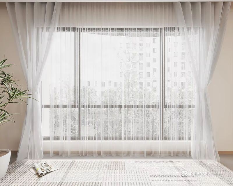 Sheer White Curtains Enhance Window Interior With Natural Light And Potted Plant 3d model 