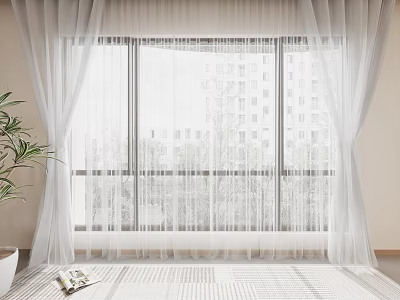 Sheer White Curtains Enhance Window Interior With Natural Light And Potted Plant 3d model