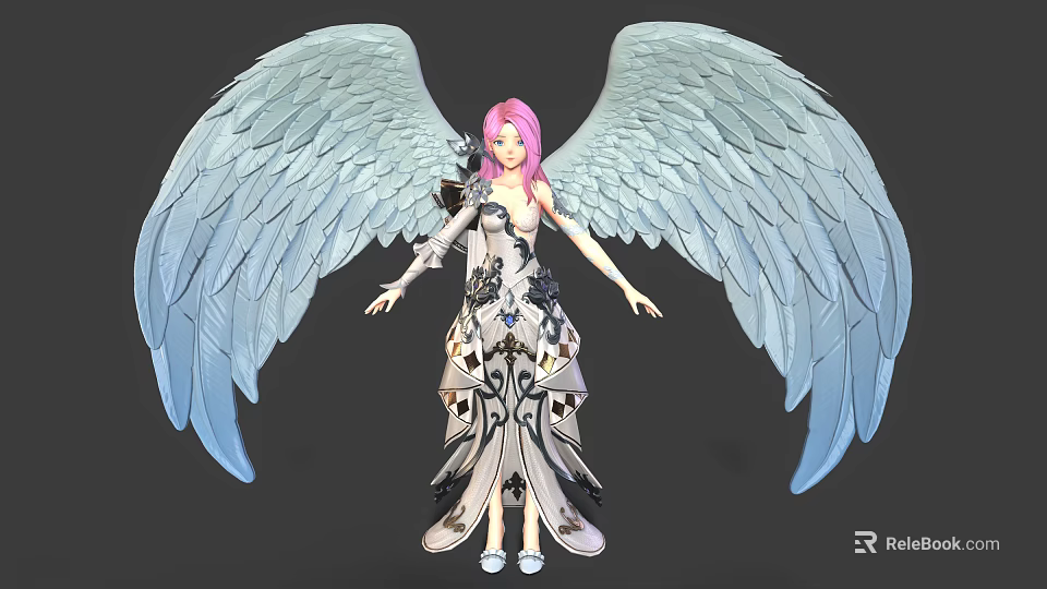 Pink Haired Character in White Dress with Black Patterns and Large Light Blue Wings 3d model 