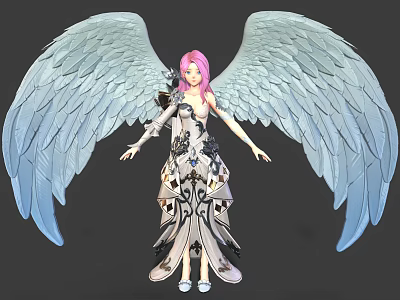 Pink Haired Character in White Dress with Black Patterns and Large Light Blue Wings 3d model