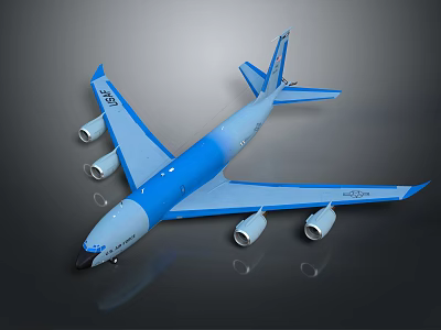Blue and white passenger airplane with four engines long fuselage and modern aerodynamic design 3d model