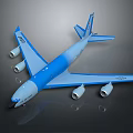 Blue and white passenger airplane with four engines long fuselage and modern aerodynamic design