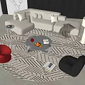 White Modern Sectional Sofa And Round Coffee Table Set With Throw Blanket And Geometric Rug 3d model