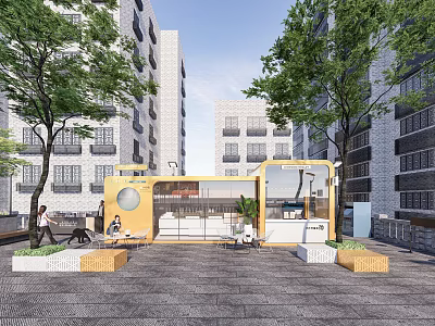 Modern Commercial Landscape With Yellow Retail Kiosk High Rise Buildings Trees Paved Ground And Seating 3d model