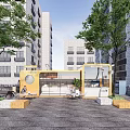 Modern Commercial Landscape With Yellow Retail Kiosk High Rise Buildings Trees Paved Ground And Seating