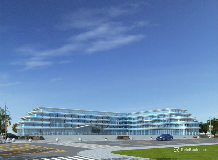 Modern Glass Office Building Exterior Design With Parking Lot Green Grass And Blue Sky 3d model 