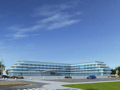 Modern Glass Office Building Exterior Design With Parking Lot Green Grass And Blue Sky 3d model