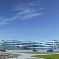 Modern Glass Office Building Exterior Design With Parking Lot Green Grass And Blue Sky