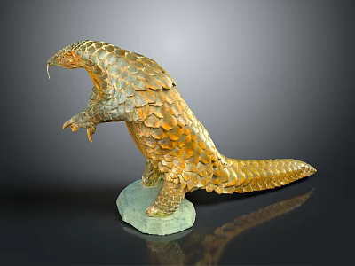 Golden Pangolin Sculpture Standing on Green Base With Detailed Scales and Lifelike Posture 3d model