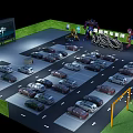 Scenic Garden Landscape with Green Lawn Parking Lot and Cartoon Characters at Car Cinema