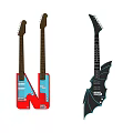 Diverse Musical Instruments and Art Supplies Collection Featuring Colorful Guitar Designs and Art Tools
