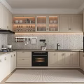 Modern Kitchen Interior Featuring White Cabinets Lighted Shelves Countertop And Mosaic Backsplash 3d model