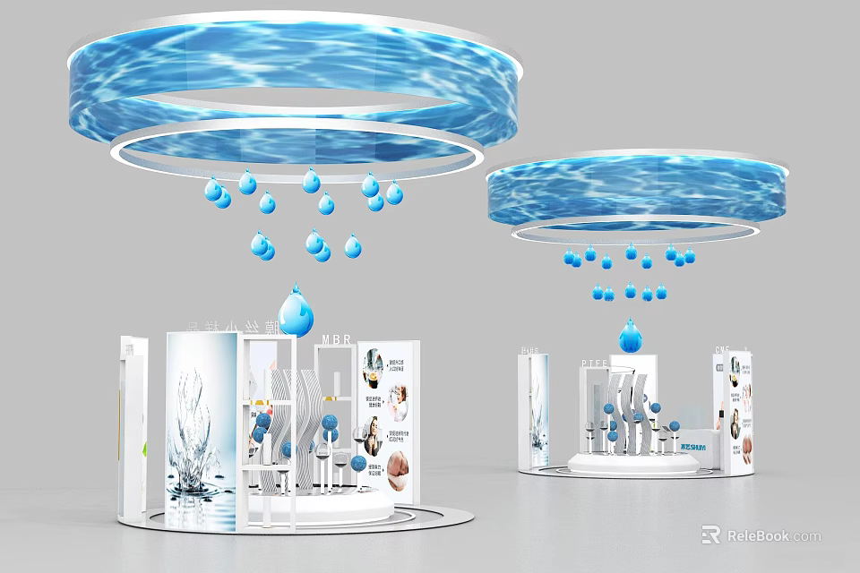 Modern Display Shelves With Blue Water Wave Circular Decorations And Water Drop Ornaments 3d model 