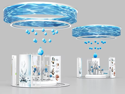 Modern Display Shelves With Blue Water Wave Circular Decorations And Water Drop Ornaments 3d model