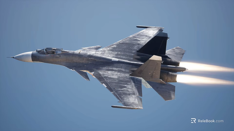 Fighter Jet Flying High In Blue Sky With Jet Engine Exhaust Flames 3d model 