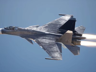 Fighter Jet Flying High In Blue Sky With Jet Engine Exhaust Flames 3d model