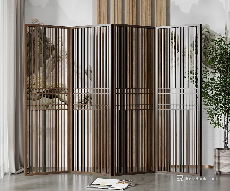 Modern Folding Wooden Room Divider Screen With Vertical Slats And Grid Design 3d model