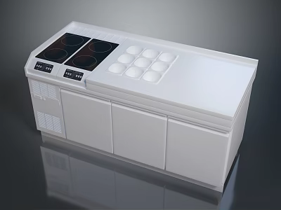 Modern White Kitchen Countertop With Black Cooktop Control Buttons And Cabinets 3d model