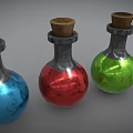 Four Glass Bottles With Wooden Corks Containing Blue Red Green Purple Colored Liquids