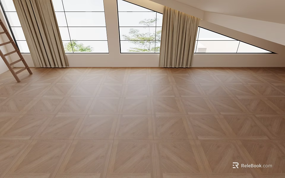 Parquet Wooden Floor Geometric Pattern Design In Bright Room With Large Windows And Curtains 3d model 