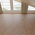 Parquet Wooden Floor Geometric Pattern Design In Bright Room With Large Windows And Curtains
