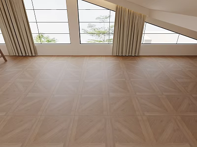 Parquet Wooden Floor Geometric Pattern Design In Bright Room With Large Windows And Curtains 3d model