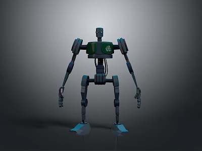 3D Mechanical Robotic Character With Green Torso Extended Arms And Blue Feet 3d model