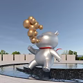 Outdoor Landscape Sculpture White Cartoon Character Holding Golden Balls By Pool Edge With Geometric Decorations