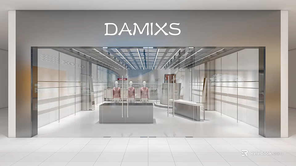 DAMIXS Modern Clothing Store Interior With Glass Windows Mannequins Display Counters And Display Areas 3d model 