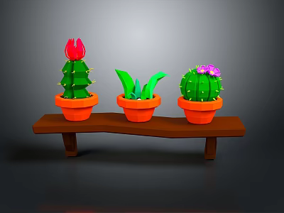 Colorful Cactus Plants with Red Purple Flowers in Orange Pots on Wooden Shelf 3d model