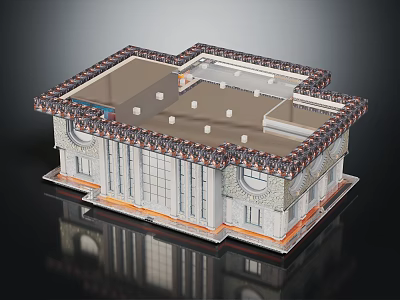 Classical Style Architectural Model Showcasing Symmetrical Design Large Windows And Decorative Roof Border 3d model