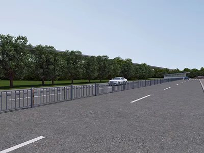 Well Paved Municipal Road Featuring Metal Guardrail Lush Street Trees And Passing Vehicle 3d model