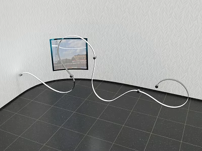 Modern Corner Art Installation Featuring Square Screen And Curved White Lines On Dark Tiled Floor 3d model