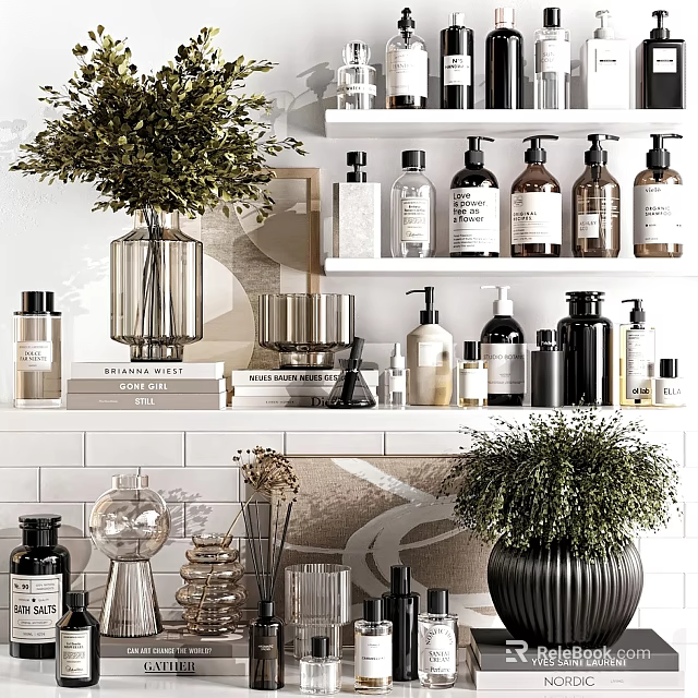 Modern Bathroom Accessories Arranged on Shelves With Glass Bottles and Decorative Plants 3d model 