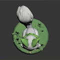 Cute Green And White Cat Like Creature With Large Red Eyes On Green Grass Base