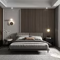 Minimalist Modern Bedroom Interior With Wooden Walls Gray Bed Pendant Lights And Rug