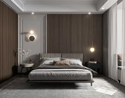 Minimalist Modern Bedroom Interior With Wooden Walls Gray Bed Pendant Lights And Rug 3d model