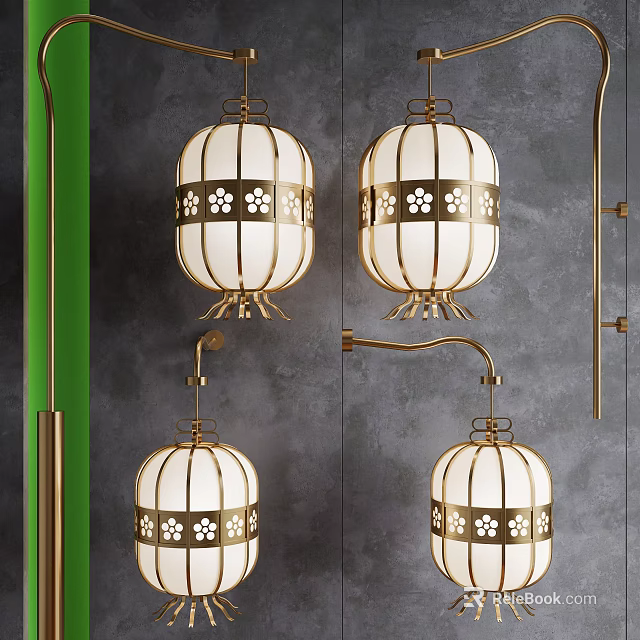 Chinese Style Wall Lamps With Golden Frame White Lampshade And Floral Patterns 3d model 