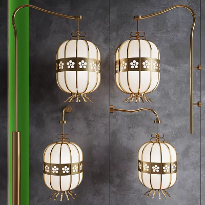 Chinese Style Wall Lamps With Golden Frame White Lampshade And Floral Patterns 3d model