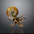 Nautilus With Orange And White Spiral Shell And Curled Tentacles On Dark Background
