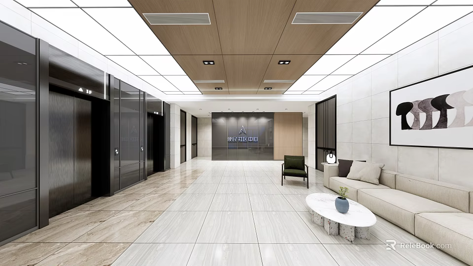 Modern Office Reception Area With Elevators Sofa Coffee Table And Logo Wall 3d model 