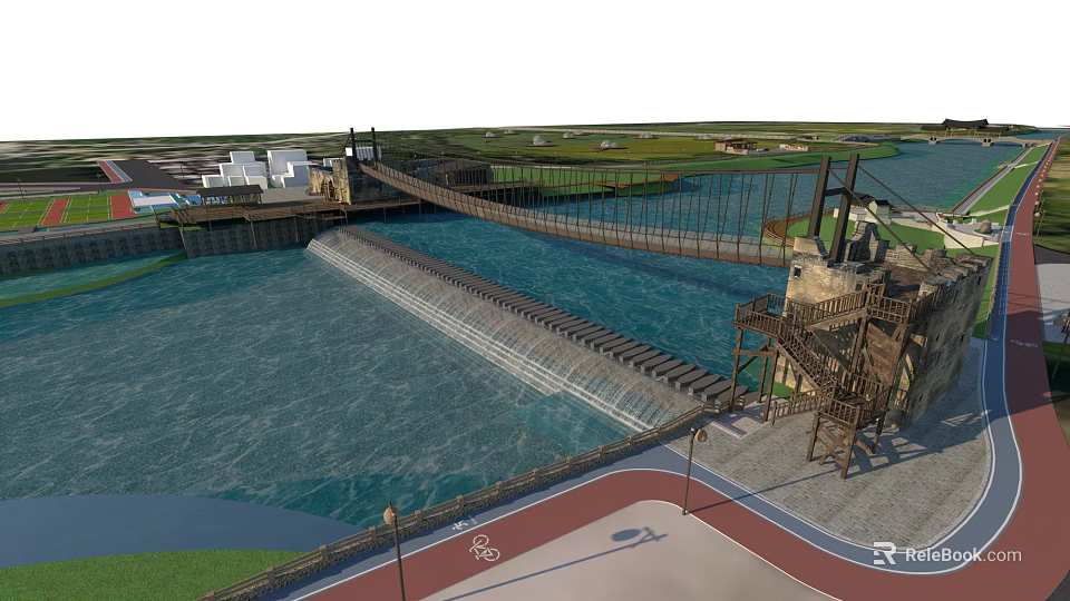 Scenic Landscape Bridge Over River With Cable Structure And Bicycle Lane 3d model