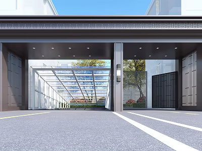 Modern Building Exterior Entrance Design With Glass Structure Metal Gate And Driveway 3d model
