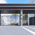 Modern Building Exterior Entrance Design With Glass Structure Metal Gate And Driveway