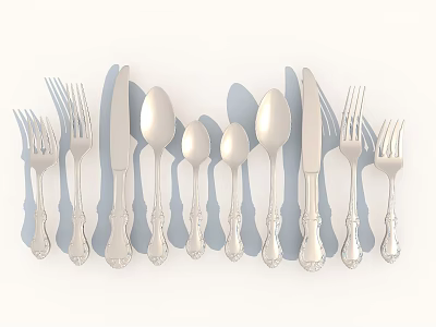Elegant Silver Cutlery Set Featuring Forks Spoons Knives With Intricate Patterned Handles 3d model