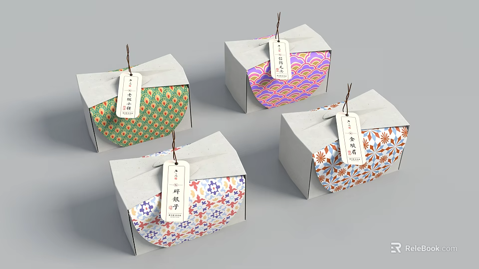 Exquisite Decorative Ornament Set with Colorful Patterned Paper Boxes and Chinese Character Tags 3d model 