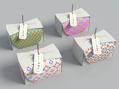 Exquisite Decorative Ornament Set with Colorful Patterned Paper Boxes and Chinese Character Tags 3d model